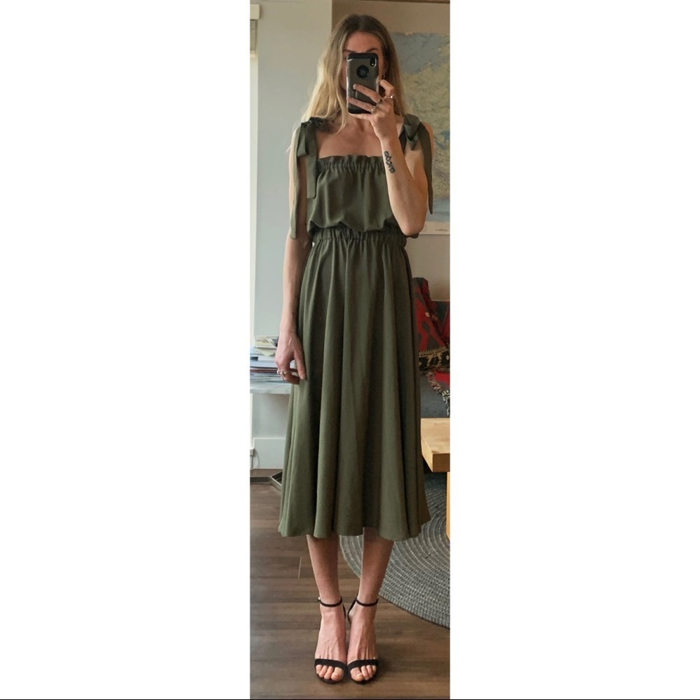 Handmade Custom Rust Clay Olive Green and Red Midi Tie Strap Rayon Ruffle Dress - Picture 10 of 16